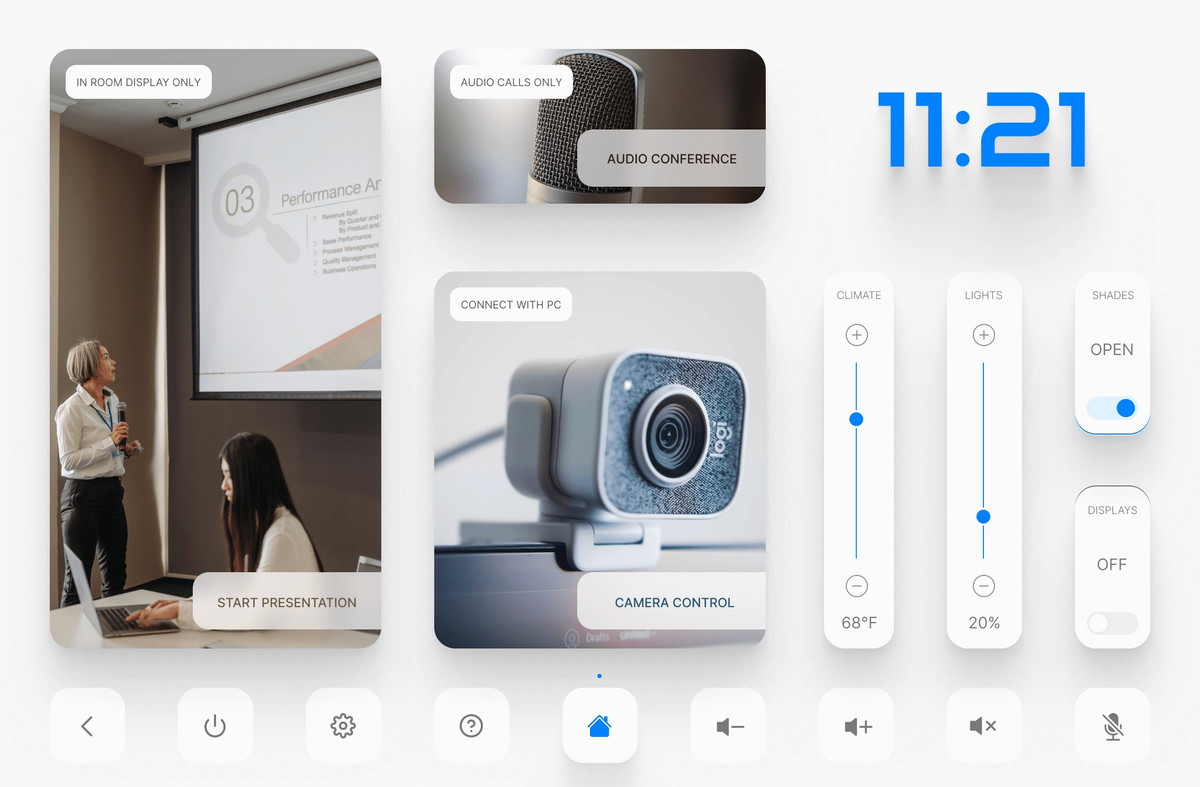 Bright Conference Space HTML5 GUI for Crestron created in Avgator Studio