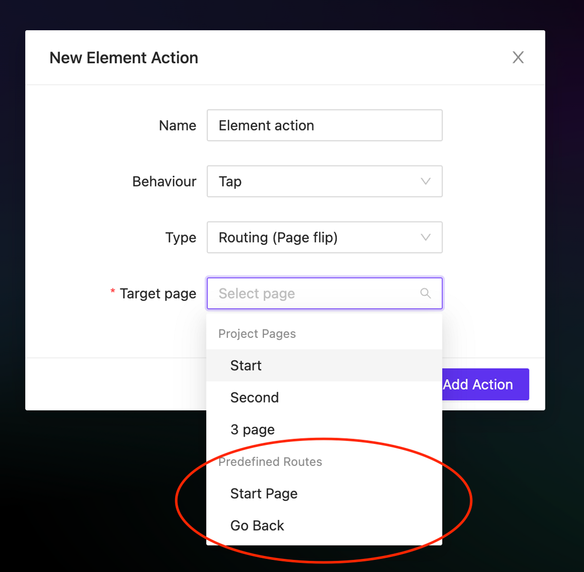 We have added static routes in page flip actions, which include the ability to go back to the start page and return to the previous page - Go Back.
