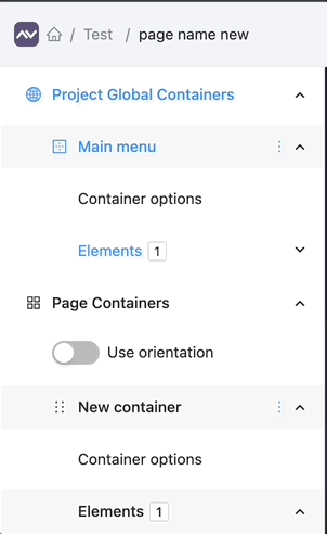 The 'Create new element' button is now located inside the 'Elements' collapsible group, and a simple element counter has been added to display the number of elements inside each container.