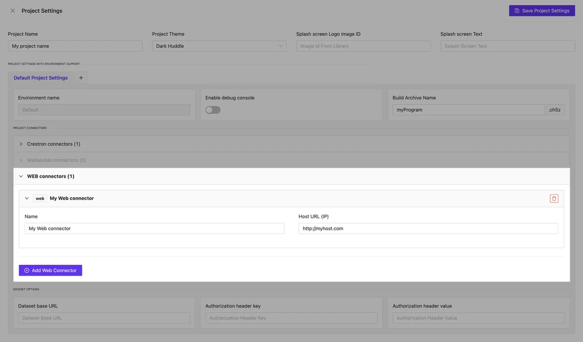 Set up Web Connectors in the Project Settings within AVStudio HTML5 GUI Editor